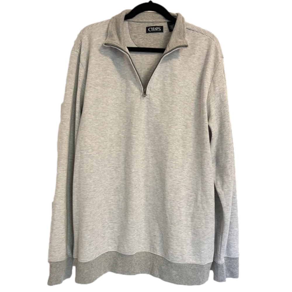 CHAPS Classic Quarter Zip Pullover Stripe Sweater Men’s XL Y2K Cream and Gray